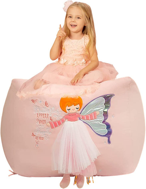 Angel Stuffed Animal Beanbag Storage, Pink Bean Bag Chair for Girls Room Decor, Kids Chairs, Large Size Velvet Cover Only, Kids Room Decorations