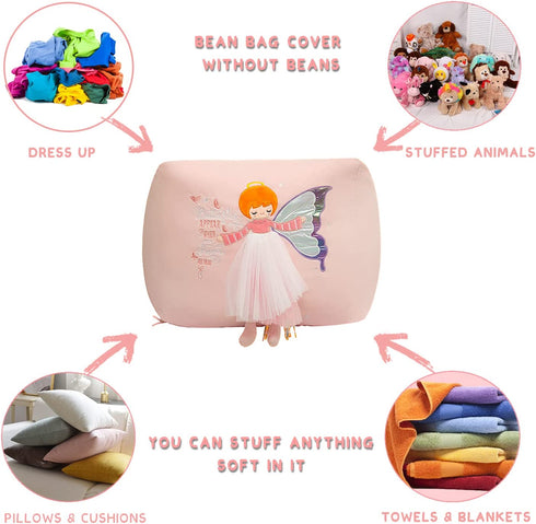 Angel Stuffed Animal Beanbag Storage, Pink Bean Bag Chair for Girls Room Decor, Kids Chairs, Large Size Velvet Cover Only, Kids Room Decorations
