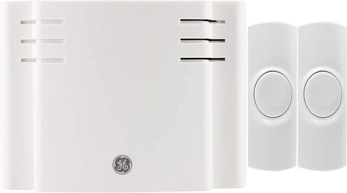 GE Wireless Doorbell Kit, Battery Operated Receiver, 2 Push Buttons Door Bell, 8 Melodies Doorbell Chime, 4 Volume Levels, Classroom Doorbell, 150 Ft Range, White, 19297