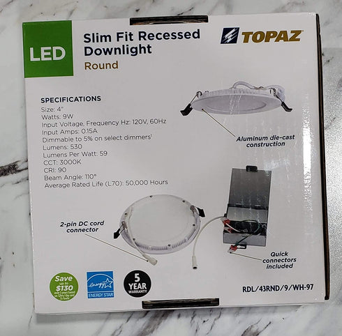 Topaz Lighting 70902, (Replaces Item 77229) 9 Watt 4 Inch Round LED Slim Fit Recessed Downlight, 3000K Half Inch Profile, 530 Lumens, 90 CRI, Snaps Into Ceiling, No Lighting Can Needed