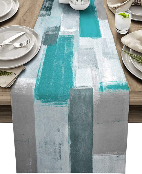 Big buy store Grey Teal Painting Cotton Linen Table Runner Dresser Scarves, Abstract Geometric Rectangle Table Setting Covers for Party Holiday Wedding Farmhouse Kitchen Dinner-13x70 inch