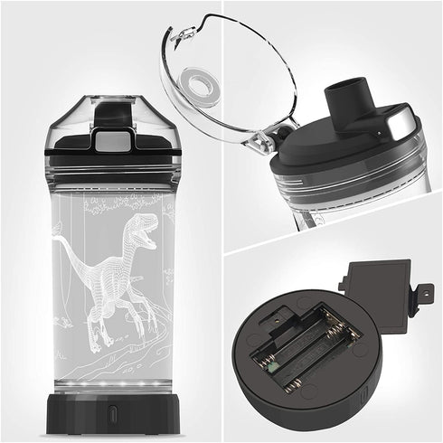 Light Up Dinosaur Water Bottle with Color Changing Night Light- 14 OZ Tritan BPA Free Eco-Friendly - Cute Velociraptor Kids Drinking Cups Gift for School Boy Girl Child Christmas Holiday