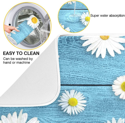 Absorbent Dish Drying Mat for Kitchen Counter - Daisies On Wooden Board Microfiber Drying Pad, Reversible Drainer Mats for Countertop, Small 16 x 18 inch, Large 18 x 24 inch