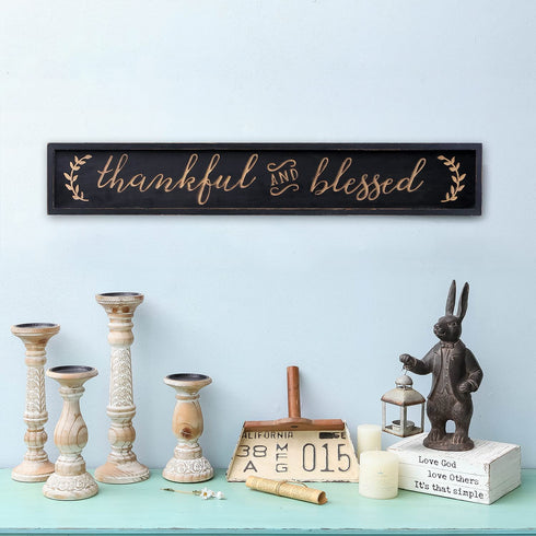 NIKKY HOME Thankful and Blessed Carved Wood Framed Wall Plaque Sign with Inspirational Quote, 36" x 5.9", Black