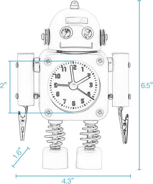 Betus Non-Ticking Robot Alarm Clock Stainless Metal - Wake-up Clock with Flashing Eye Lights and Hand Clip (White)