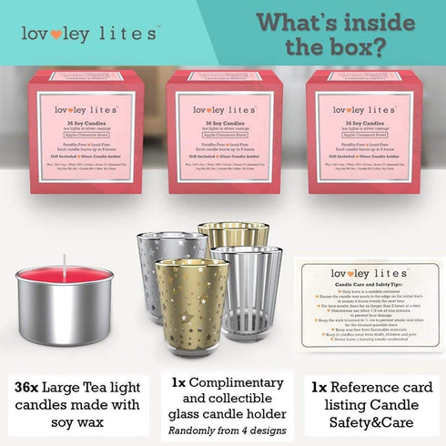 Lovley Lites Soy Tealight Candles Apple Cinnamon - Box Set of 36 Premium Tealight Candles Scented with Essential Oils + Tealight Candle Holder, 1 Inch Tall Long-Burning Soy Wax Tea Candles