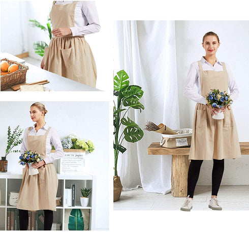 Nanxson Women Cotton Linen Bib Apron Cross Back Work Apron for Cooking,Baking,Crafting,Flower Arrangement CF3046
