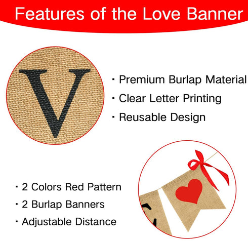 Valentines Day Decorations, Burlap Love Banner with Heart Garland Valentine's Day Banner for Wedding Anniversary Engagement Decorations, No DIY