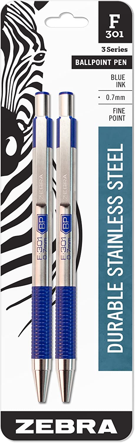Zebra Pen F-301 Retractable Ballpoint Pen, Stainless Steel Barrel, Fine Point, 0.7mm, Blue Ink, 2-Pack