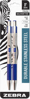 Zebra Pen F-301 Retractable Ballpoint Pen, Stainless Steel Barrel, Fine Point, 0.7mm, Blue Ink, 2-Pack