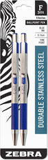 Zebra Pen F-301 Retractable Ballpoint Pen, Stainless Steel Barrel, Fine Point, 0.7mm, Blue Ink, 2-Pack