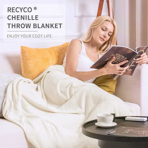 RECYCO Throw Blanket Soft Cozy Chenille Throw Blanket with Fringe Tassel for Couch Sofa Chair Bed Living Room Gift (Ivory White, 50'' x 60'')