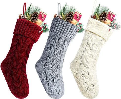 Kunyida 18 Inches Burgundy, Ivory, Gray Knitted Christmas Stockings,3 Pack