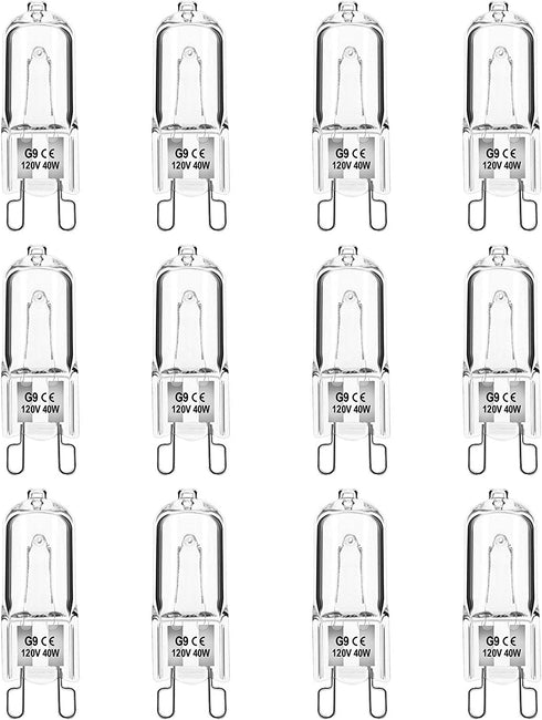 Jaenmsa G9 Halogen Light Bulbs, 12 Pack G9 Bulb 2 Pin Base JCD Type, 120V T4 Bi-Pin 40W Xenon Small Light Bulb for Range Hood Lights, Microwave Ovens, Bathroom Light Bulbs, Chandeliers, Dimmable