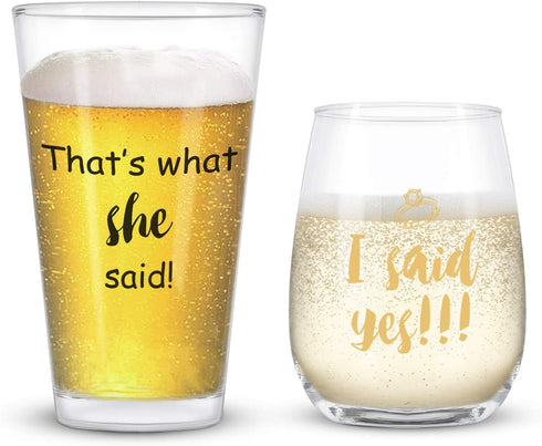 I Said Yes Wine Glass That's What She Said Beer Glass, Engagement glass Set for Him, Her, Wedding, Bridal Shower