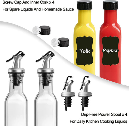 GMISUN 8oz Olive Oil Bottle Dispenser, 4 Pack Leakproof Oil And Vinegar Cruet Set With Clear Glass Oil Bottle, Non-Drip Spouts, Black Caps, Funnel And Labels