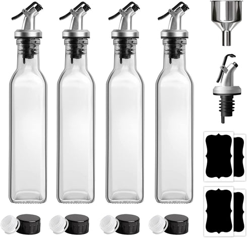 GMISUN 8oz Olive Oil Bottle Dispenser, 4 Pack Leakproof Oil And Vinegar Cruet Set With Clear Glass Oil Bottle, Non-Drip Spouts, Black Caps, Funnel And Labels