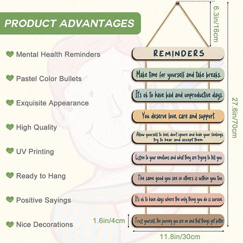 Mental Health Reminders Wall Decors Wooden Hanging Wall Art Counseling Room Decor Positive Psychology Affirmations Feelings Wall Pediments for Home Counseling Office Students Dorm Classroom