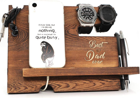 Best Dad Ever - Dad Father Gift from Son or Daughter, Fathers Day Dift, Nightstand Organizer with Coaster, Wooden Desk Docking Station