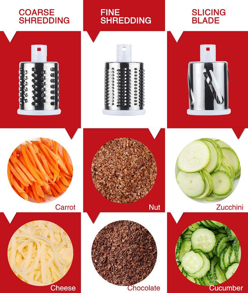 Ancevsk Manual Rotary Cheese Grater - Round Vegetable Slicer with 3 Interchangeable Blades for veggie, Nuts, Fruit ?Red?