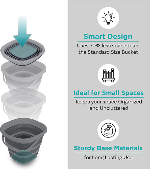 Brookstone, BKH1369, Slim Collapsible Bucket, 10 Liter (2.6 Gallons), for Car or Home Washing, Fishing, and Camping, with Smart Space Saving Deisgn, Square/Gray