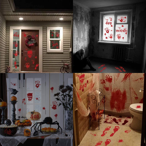 Halloween Decorations 112PCS Halloween Window Clings, 12 Sheets Bloody Handprint Footprint Skull Blood Decor Floor Clings, Spooky Window Stickers Decal for Haunted House Halloween Party Decorations
