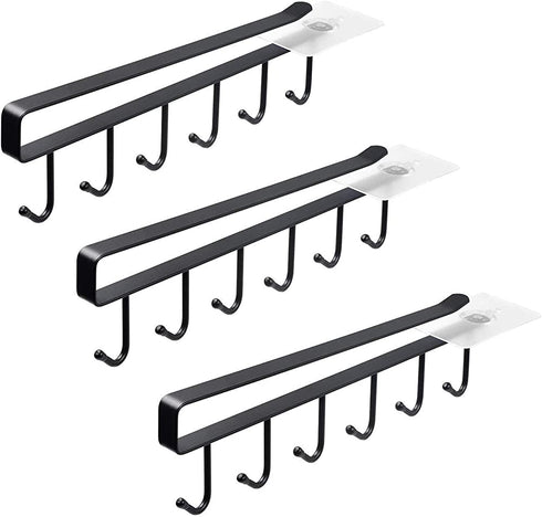 ECROCY Adhesive Cup Holder Under Cabinet - 3pcs x 6 Hook Coffee Cup Mug Holder for Kitchen, Fit for 1 Inch Thickness Shelf or Less - Only Fit for Flat Buttom Cabinet Without Any Lip