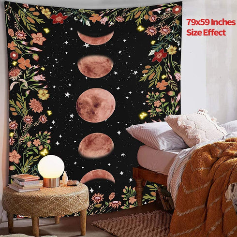 ENJOHOS Moonlit Garden Tapestry Moon Phase Surrounded by Vines and Flowers Black Background Wall Art Hanging for Girls Bedroom Living Room Dorm Decor(79x59 inches,Beautiful Moonlit)