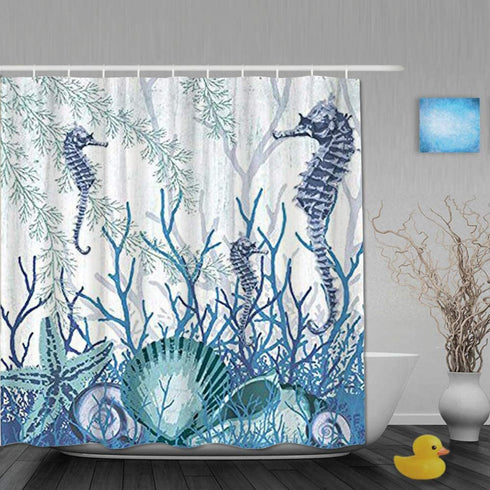 VAMIX Shower Curtain,Sea Shells Seahorse Starfish Pattern Blue Ocean,Polyester Fabric Waterproof Bath Curtains Hooks Included - 72 x 72 inches