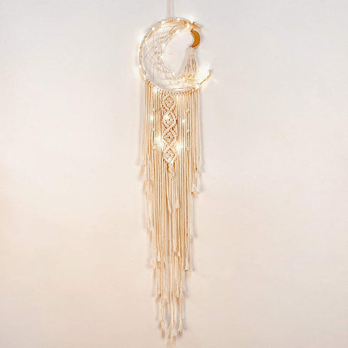 OurWarm Moon Dream Catcher Wall Decor, Macrame Wall Hanging Boho Dream Catcher with LED String Light Craft Gifts for Kids Teenage Girls Bedroom Bohemian Wedding Farmhouse Home Decor, 40 x 10 Inches
