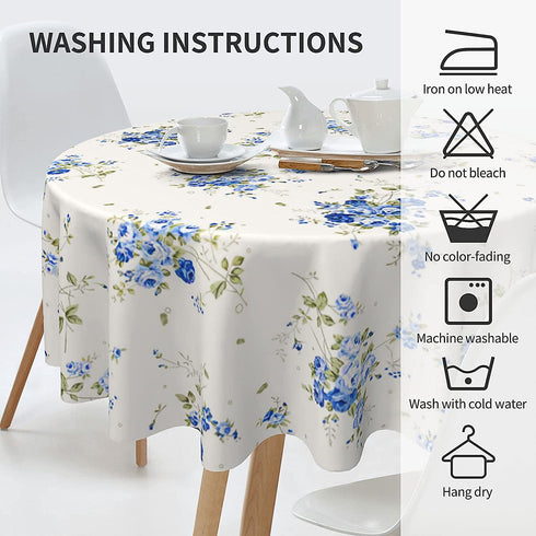 Spring Summer Blue Floral Tablecloth Round 60 Inches Elegant Watercolor Flower Tablecloth Polyester Washable Table Cover Table Cloth for Kitchen Dining Room Outdoor Picnic Patio Party