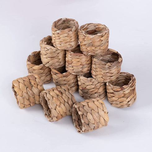 ATTAONE 12pcs Round Woven Napkin Ring, Water Hyacinth Napkins Holder, Handmade Braided Natural Napkin Rings, Christmas, Thanksgiving, Birthday Party Decorations and Everyday Life