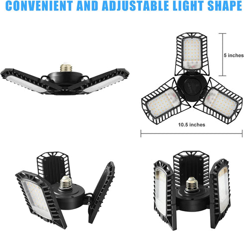 UL Certified LED Garage Lights Ceiling Lights, 6500 Lumens, E26/E27 Adjustable Ceiling LED Lights, 60W, Ultra Bright 5000K Natural Daylight White, Deformable Trilights, Adjustable Panel