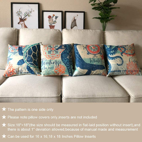 ULOVE LOVE YOURSELF Ocean Theme Square Pillow Case Mediterranean Style Decorative Cotton Linen Throw Coastal Cushion Cover Sets 18 X 18 Inch Pillow Covers, 4 Pack Nautical Pillow Covers (Sea Theme-2)