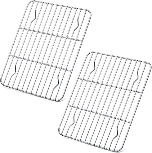 P&P CHEF Cooling Rack Pack of 2, Stainless Steel Small Cooking Rack for Cooling Baking Roasting Grilling Drying, Rectangle 9.7'' x 7.3'' x 0.6'', Fits Small Toaster Oven, Oven & Dishwasher Safe