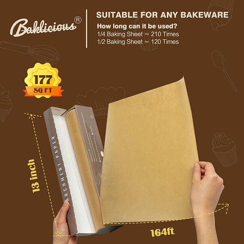 BAKLICIOUS 2 Rolls Unbleached Parchment Paper Roll, 13 In X 164 Ft Non-stick Baking Parchment Paper For Baking, Food Grade Cooking Papers For Baking Bread, Cookies, Heat Press, Pans, Oven, Air Fry