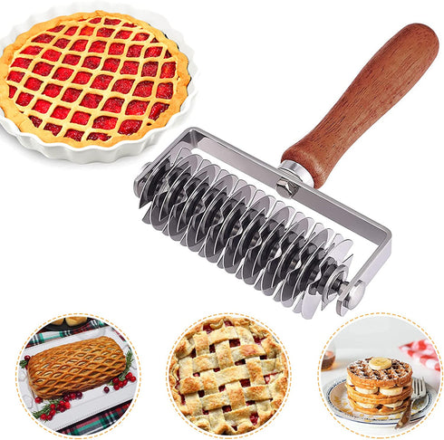Stainless Steel Lattice Dough Cutter, Dough Lattice Roller Cutter with Wood Handle, Cookie Pie Pizza Bread Pastry Crust Roller Cutter, Household Time-Saver Baking Pastry Tools for Pie Pizza Biscuits