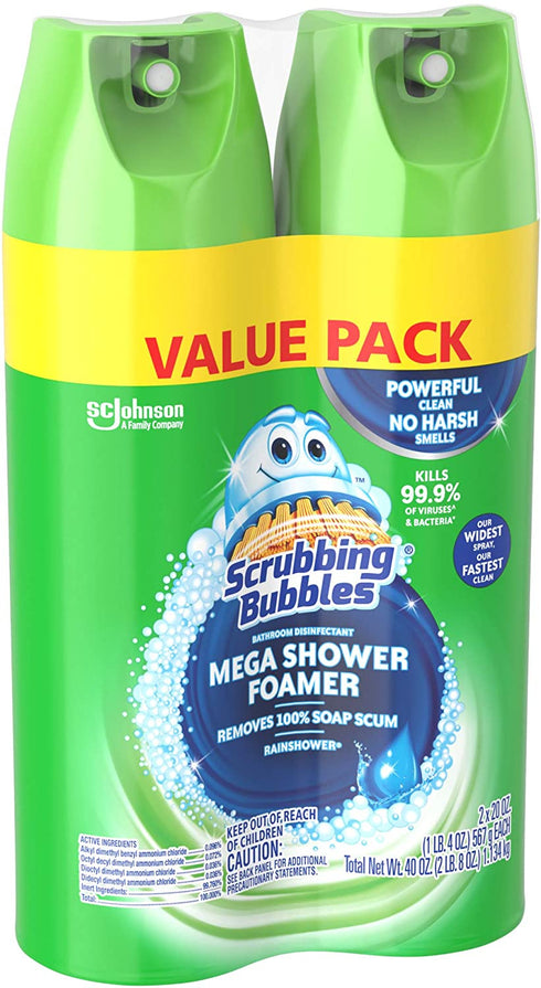 Scrubbing Bubbles Mega Shower Foamer Aerosol, Tough Foaming Bathroom, Tile, Bathtub and Disinfectant Shower Cleaner (1 Aerosol Spray), Rainshower Scent, 20 oz (Pack of 2)
