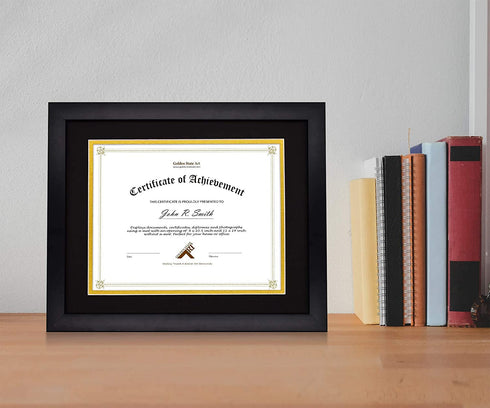 Golden State Art, 11x14 Document Photo Wood Frame for 8.5x11 Document & Certificates, Real Glass (Black with Black Over Gold Double Mat, Set of 1)