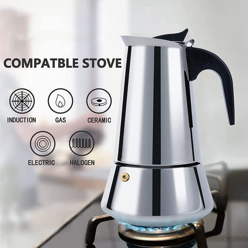 FCUS Stovetop Espresso Maker, Moka Pot, 200ml/6.5oz/4cup Percolator Italian Coffee Maker, Classic Cafe Maker, Stainless Steel, Suitable For Induction Cookers