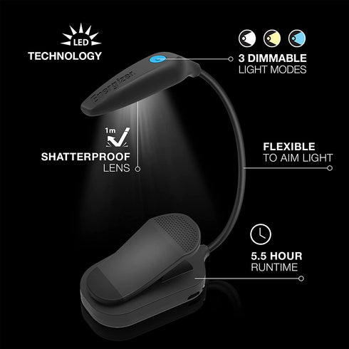 Energizer Rechargeable LED Book Light, Bright LED Clip Light for Reading in Bed, Compact with Flexible Neck, Great Clip On Reading Light (USB Cable Included)