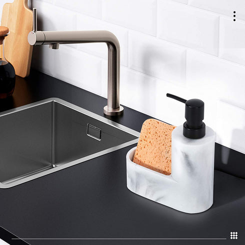 MoKo Liquid Soap Dispenser with Sponge Holder, Dish Soap Dispenser Pump Bottle with Brush Holder for Kitchen Bathroom Counter-top Sink Scouring Pad Storage and Organization, Sandy White