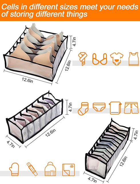 Pack of 5 Underwear Drawer Organizer Set- Foldable Underwear Storage Divider Boxes Includes 6/7/7/11/11 Cell Collapsible Closet Compartments for Socks Bras Ties Lingerie Scarves Organizing