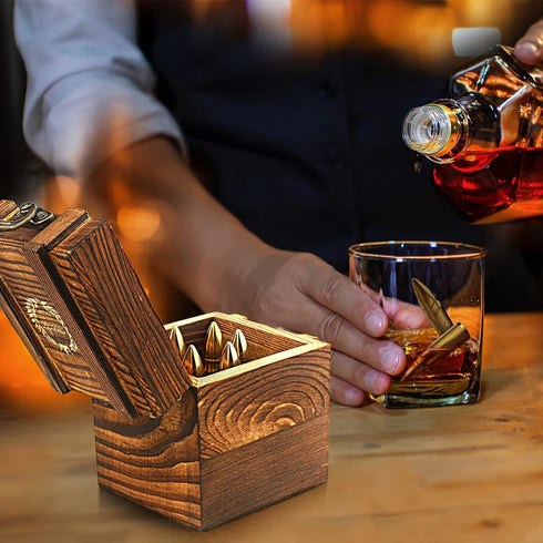 Chouggo Whiskey Stones Gift Set for Men with Vintage Wooden Case, Metal Stainless Steel Bullet Shaped Ice Cubes - 6 Pack, Cool Gifts for Men - Birthday Christmas Gift Ideas