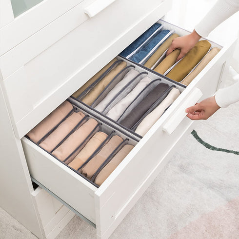 2 Pcs Wardrobe Clothes Organizer with Support Board- Foldable Mesh Closet Storage Large 7 Grids Divider Drawer Organizers Washable Compartment Storage Box for Jeans T-shirt Pants Legging (L)