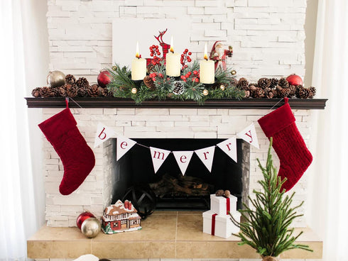 DearHouse Christmas Candle Holder Centerpiece, Pine Cones and Red Gold Berry Table Centerpiece with 3 Candle Holders Table Accent Centerpiece for Festival Home Decoration22 x10 x5(L x W x H)