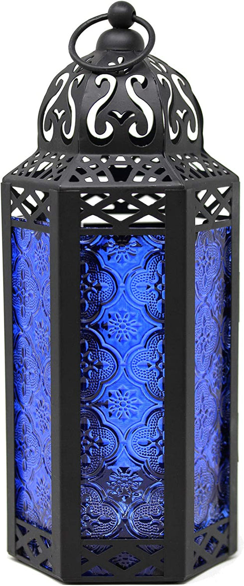 Vela Lanterns Decorative Moroccan Candle Lantern Holder for Decor, Cobalt Glass, Medium
