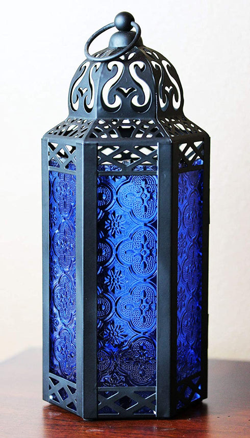 Vela Lanterns Decorative Moroccan Candle Lantern Holder for Decor, Cobalt Glass, Medium