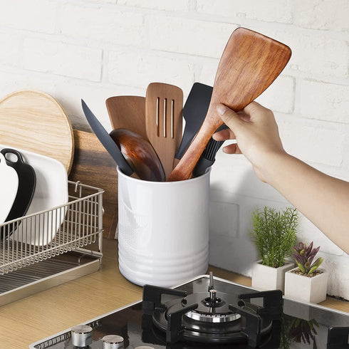 Farmhouse Utensil Holder for Countertop, 6.7³ Ceramic Kitchen Utensil Holder with Cork Base, Steady Kitchen Utensil Holder for Home Kitchen Decor, for Kitchen Tools, Christmas Gift, White