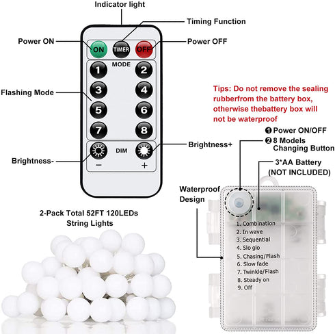 Battery Operated String Lights - 52FT 2 Pack 120 LEDs Globe Fairy String Lights Waterproof 8 Modes with Remote and Timer for Bedroom Wedding Party Christmas Decoration, Warm White